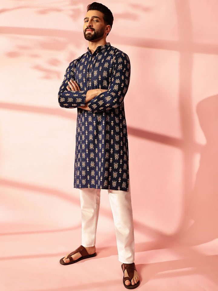 Anouk Ethnic Motifs Printed Band Collar Ikat Technique Cotton Linen Straight Kurta