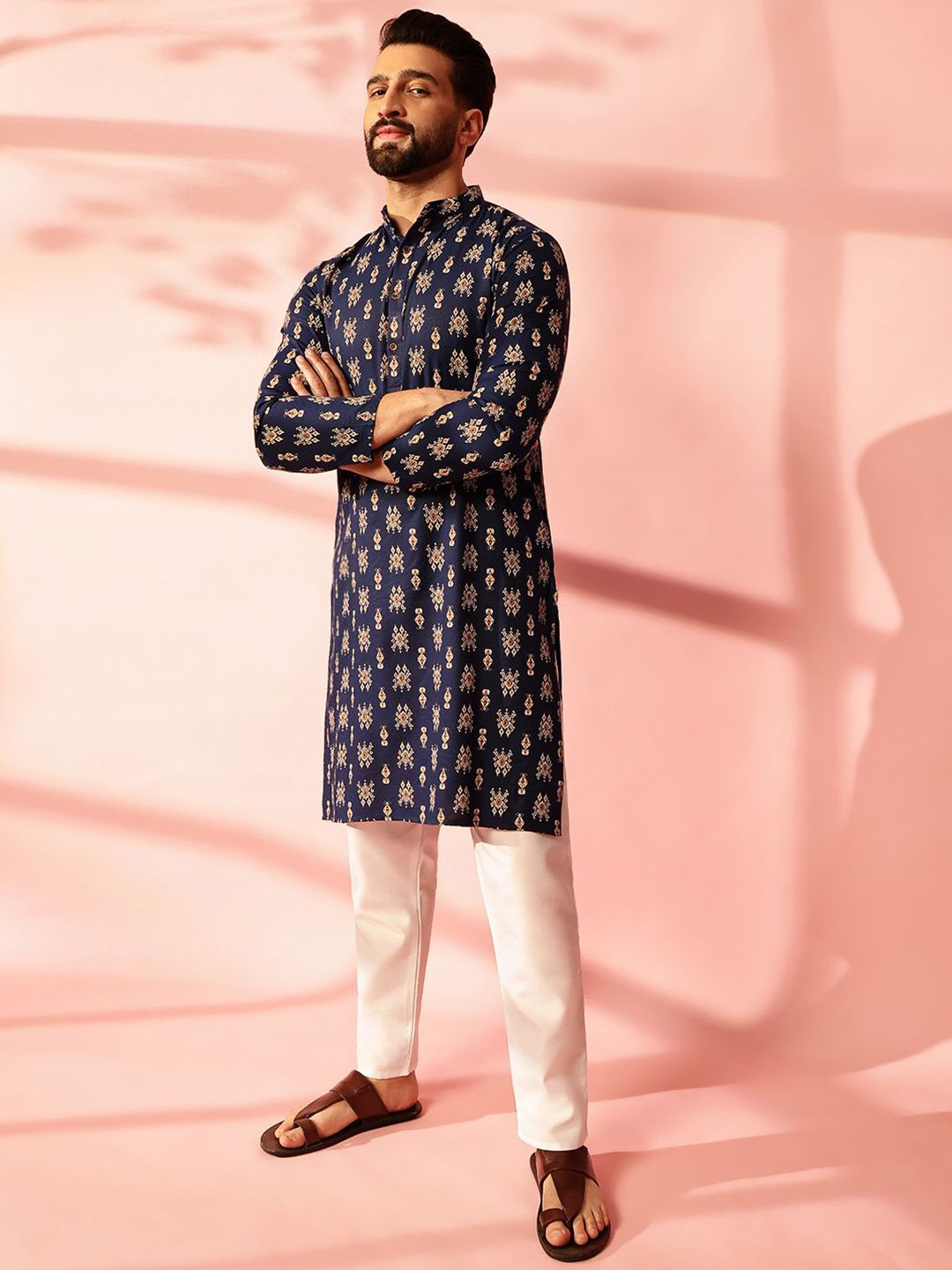 Anouk Ethnic Motifs Printed Band Collar Ikat Technique Cotton Linen Straight Kurta