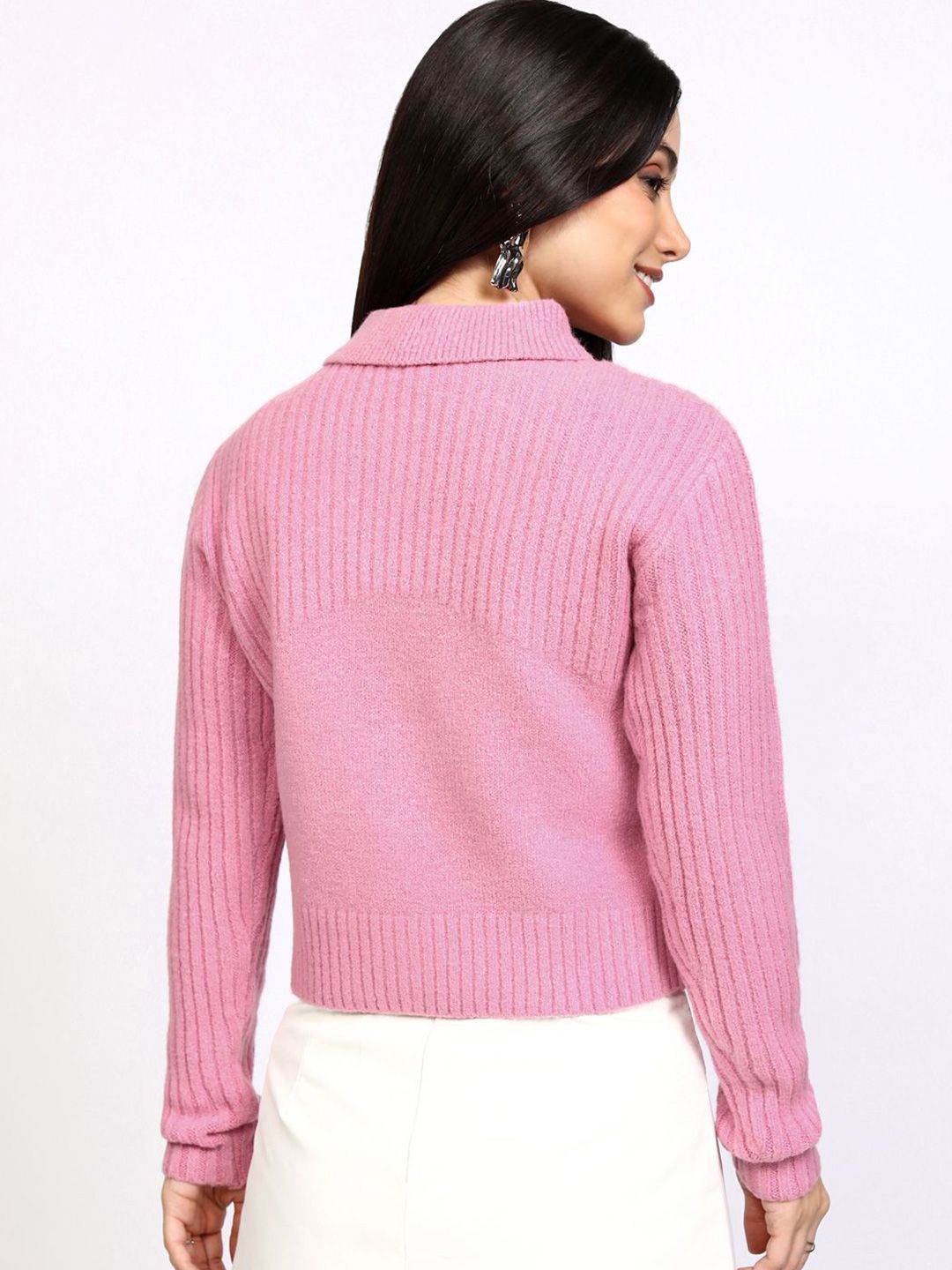 Tokyo Talkies Women Shirt Collar Cable Knit Cardigan with Zip Detail