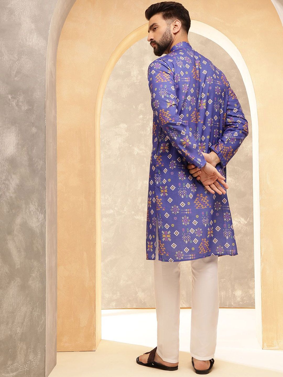 SOJANYA Ethnic Motifs Printed Band Collar Cotton Linen Straight Kurta