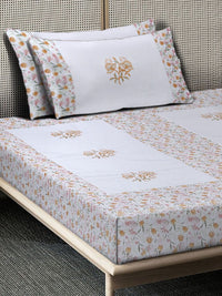 KLOTTHE White Floral Pure Cotton 400 TC Double Superfine Bedsheet with 2 Pillow Covers-89 x 59 inches