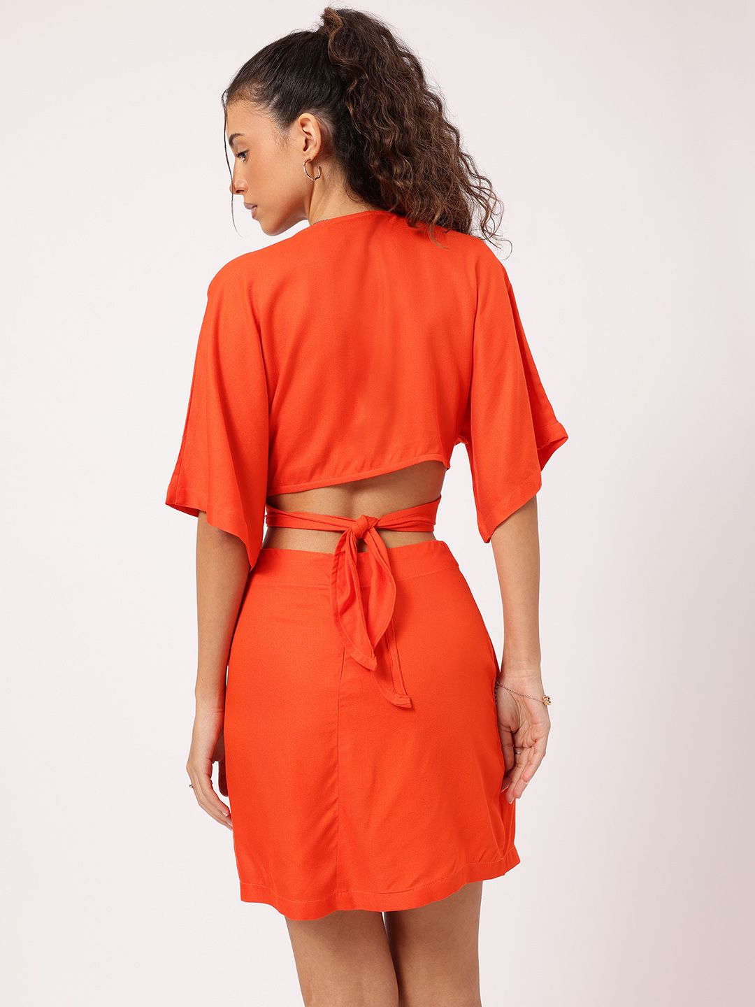 DressBerry Bold & Bright Flared Sleeve Cut-Out Back Tie-Up Wrap Mini Dress