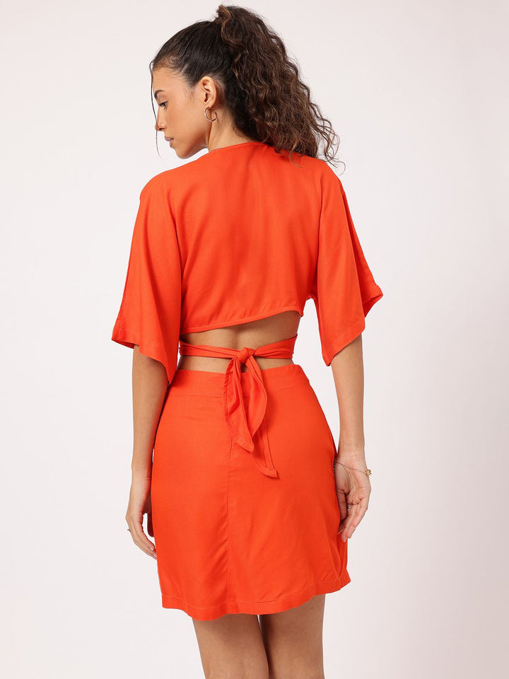 DressBerry Bold & Bright Flared Sleeve Cut-Out Back Tie-Up Wrap Mini Dress