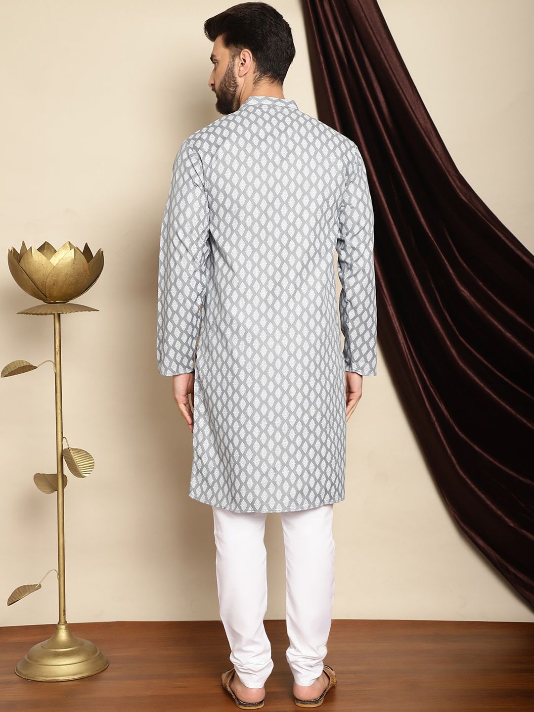 Anouk Grey Mandarin Collar Ethnic Motifs Printed Straight Kurta with Pyjamas