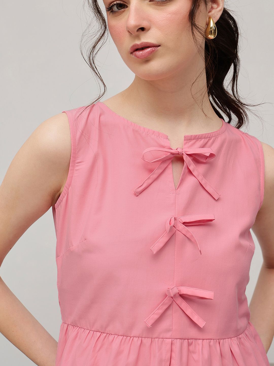 STREET 9 Women Tie-Up Neck Cotton Peplum Top