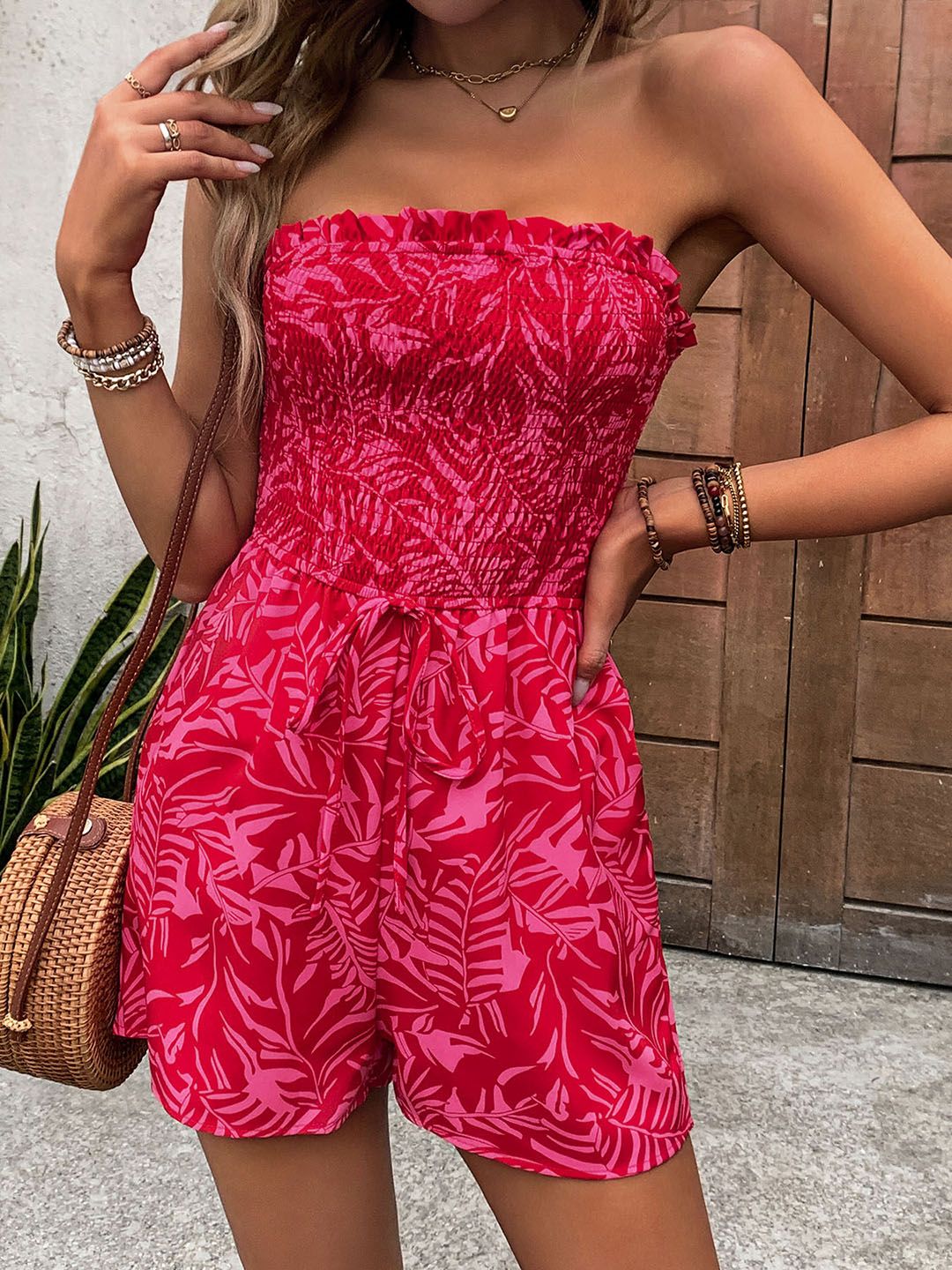 DressBerry Strapless Smocked Tropical Print Playsuit