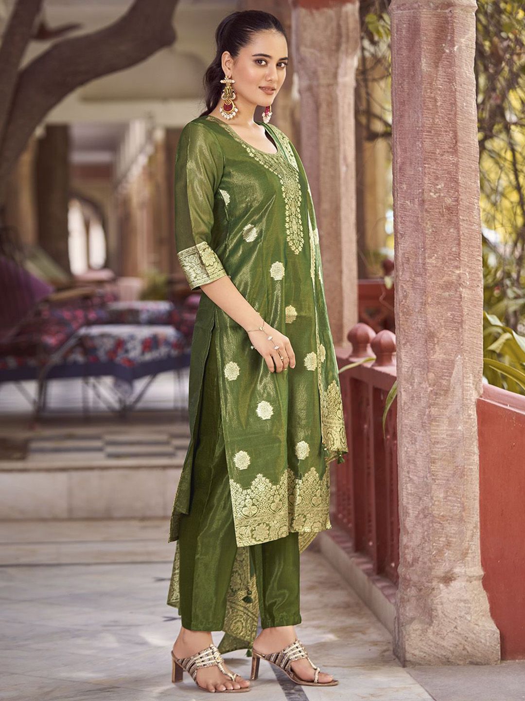 KALINI Women Woven Straight Silk Blend Kurta with Trousers & With Dupatta