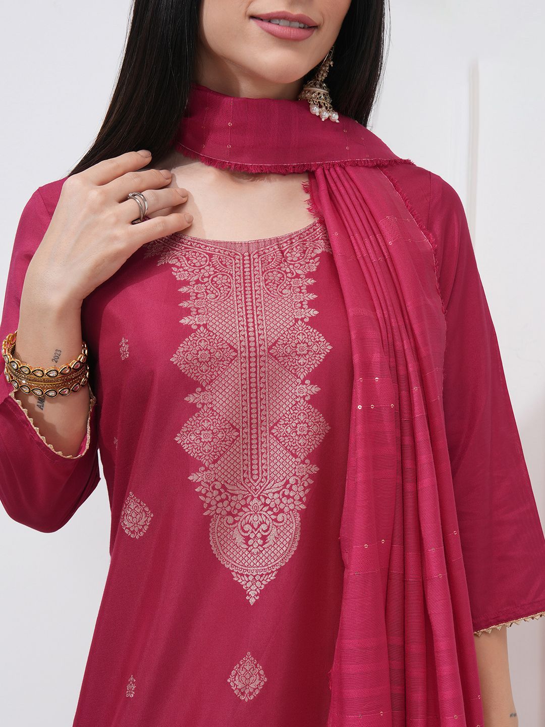 Vishudh Ethnic Woven Design Jacquard Straight Kurta With Trouser And Dupatta