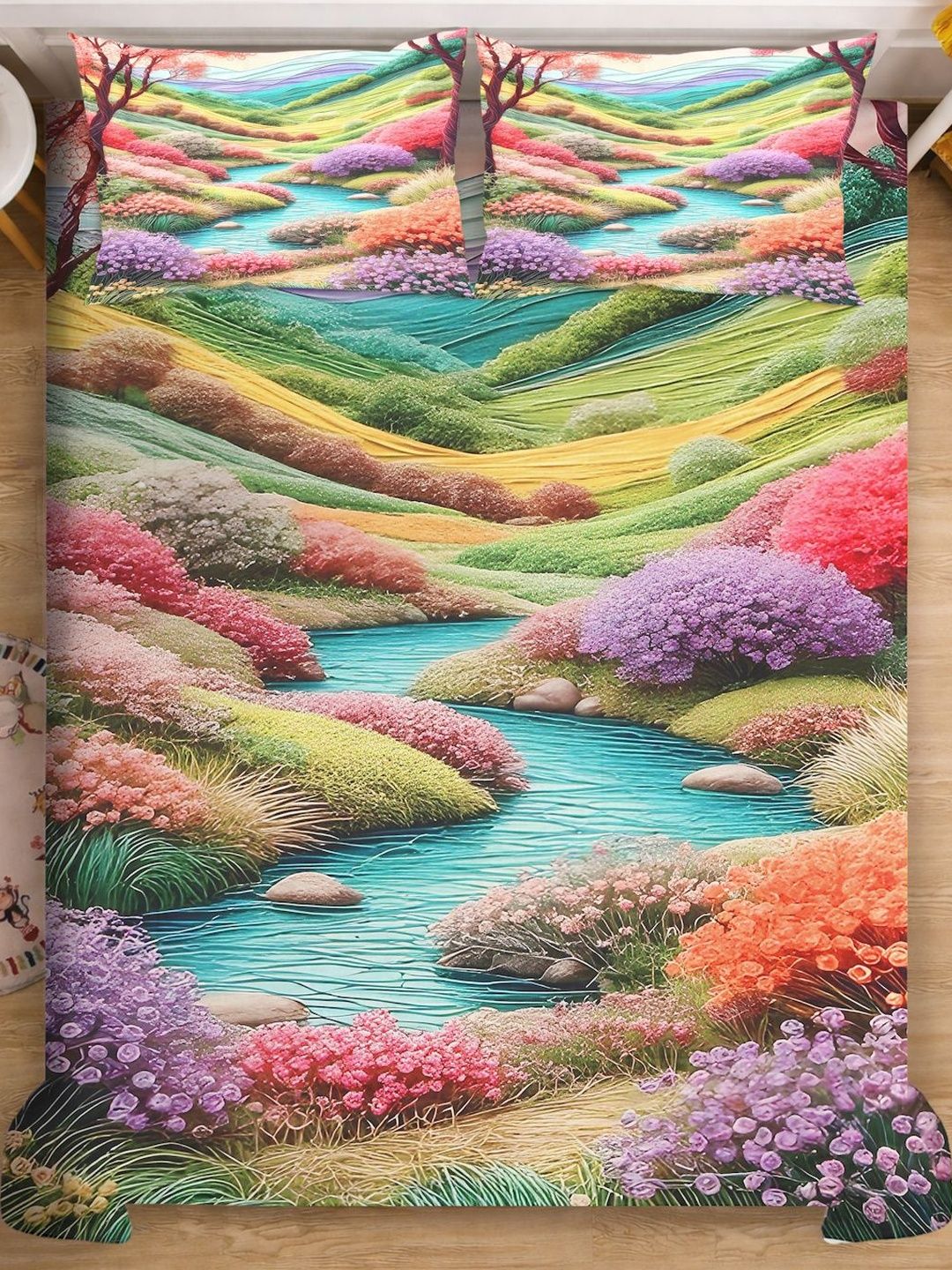 Myntra Elegant Blue & Pink Floral 400 TC King 7D Bedsheet & 2 Pillow Cover 250X225 cm