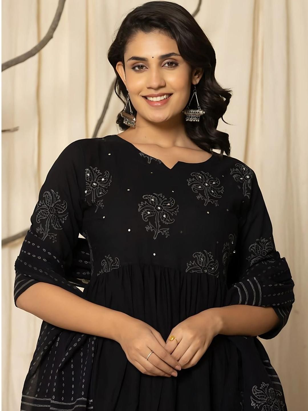 Kalini Wanita Motif Etnik Dicetak Kurta Kapas Murni Dengan Seluar & Dupatta