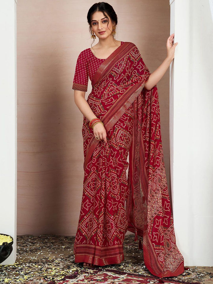 KALINI Bandhani Zari Pure Chiffon Bandhani Saree