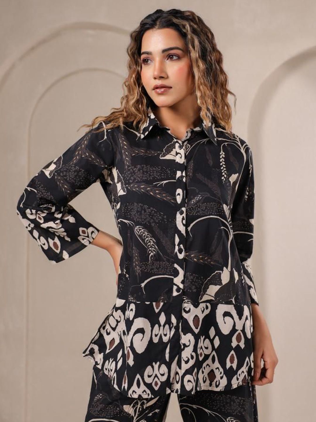Mamicha Women Printed Shirt Collar Cotton Shirt and Trousers Co-Ords
