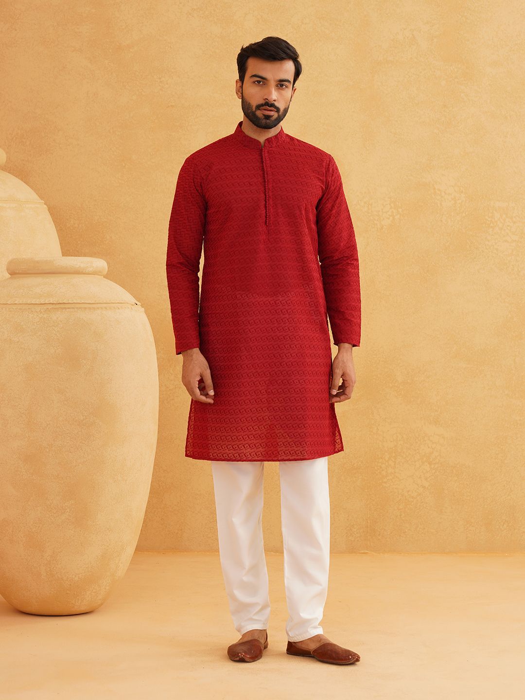 SOJANYA Geometric Embroidered Mandarin Collar Pure Cotton Straight Kurta