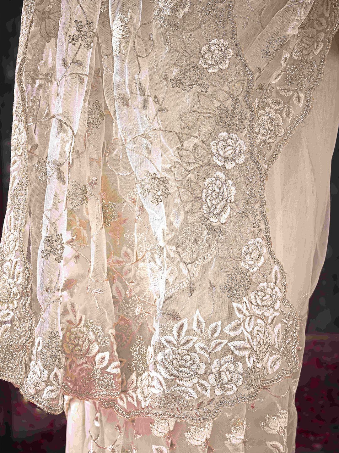 Tikhi Imli Floral Sequinned Embroidered Net Saree With Scalloped Border