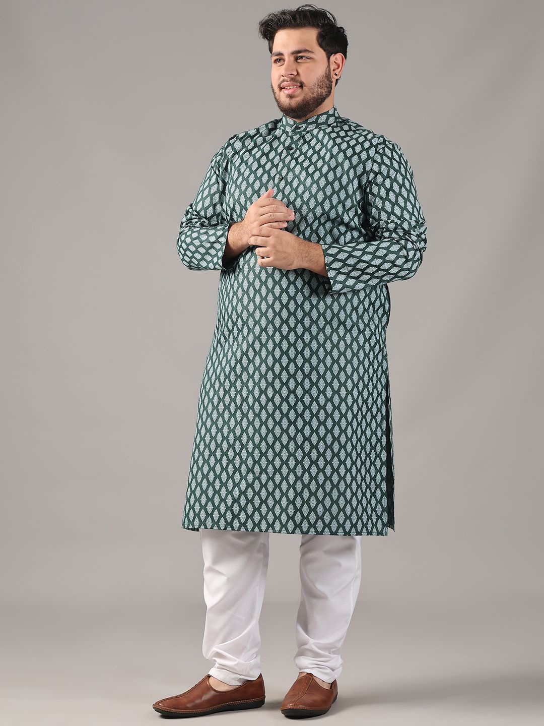SOJANYA PLUS Plus Size Lelaki Motif Etnik Bercetak Kolar Jalur Kurta Lurus Dengan Piyama