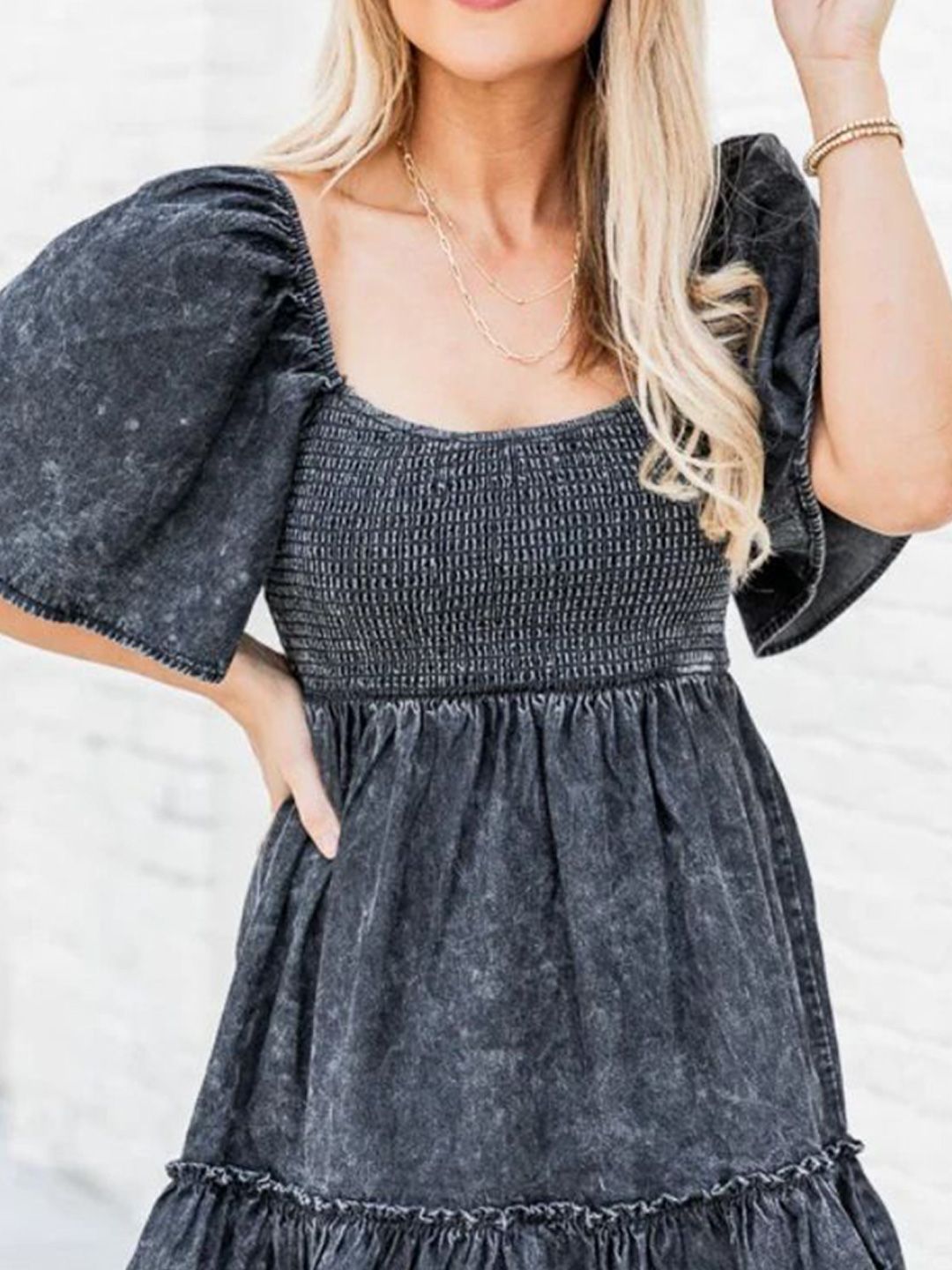 all about you Flared Sleeve Denim Fit & Flare Dress