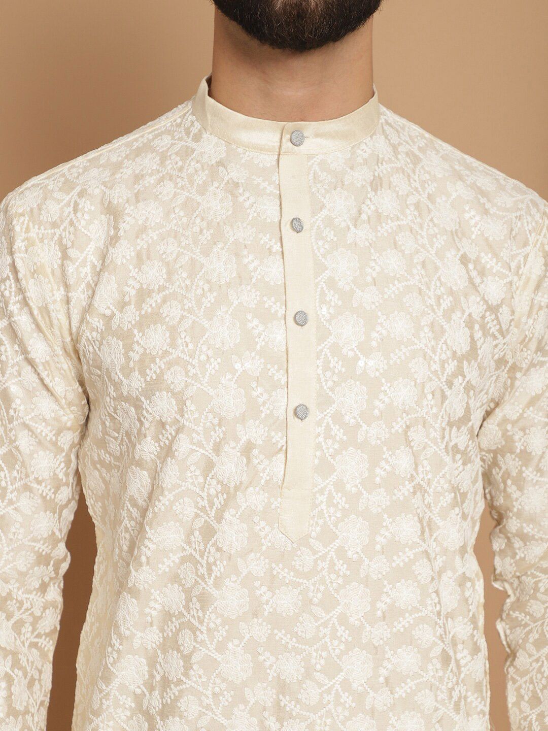Anouk Floral Embroidered Band Collar Regular Kurta & Churidar