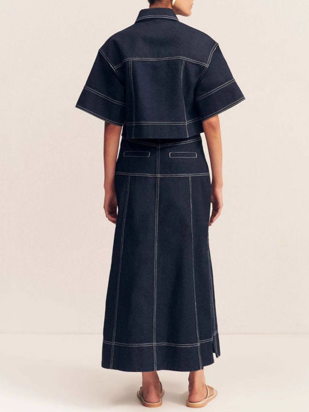 all about you Indigo Edge Denim Self Design Shirt Collar Crop Shirt & Skirt