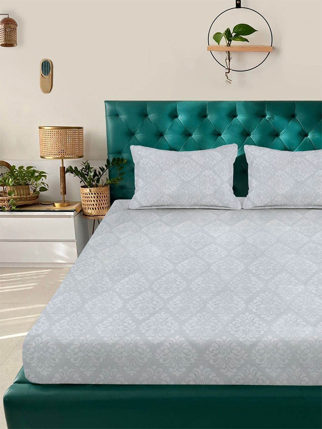 Myntra Elegant Homes Grey Floral 300 TC Cadar Katil King dengan 2 Sarung Bantal