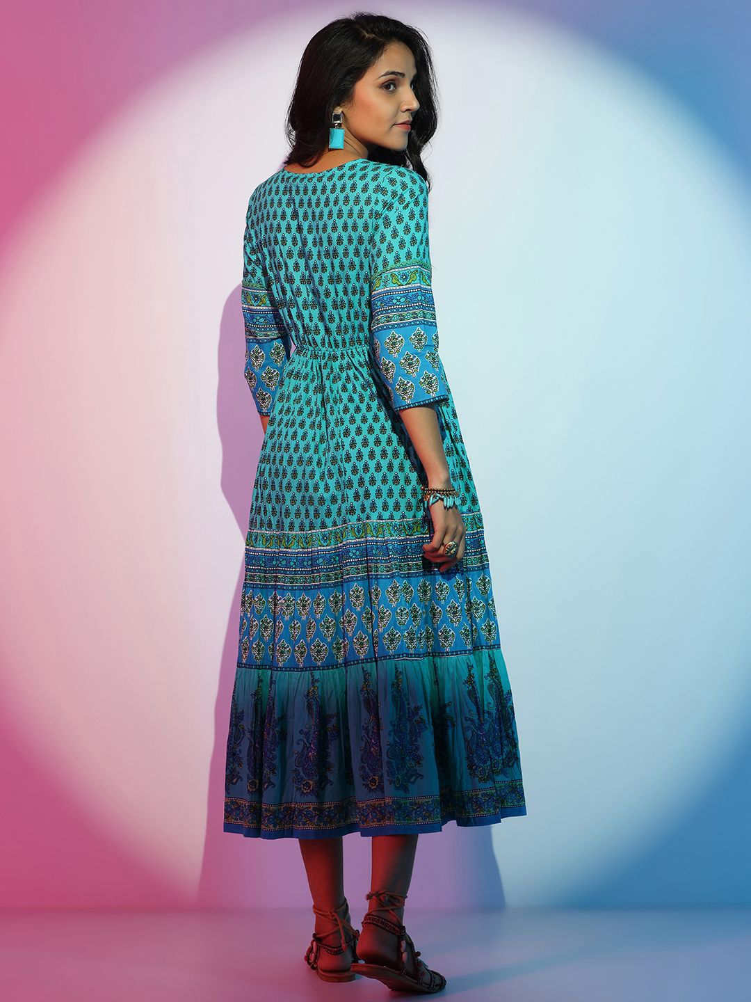 Libas Women Floral Printed Layered Fit & Flare Cotton Midi Dress