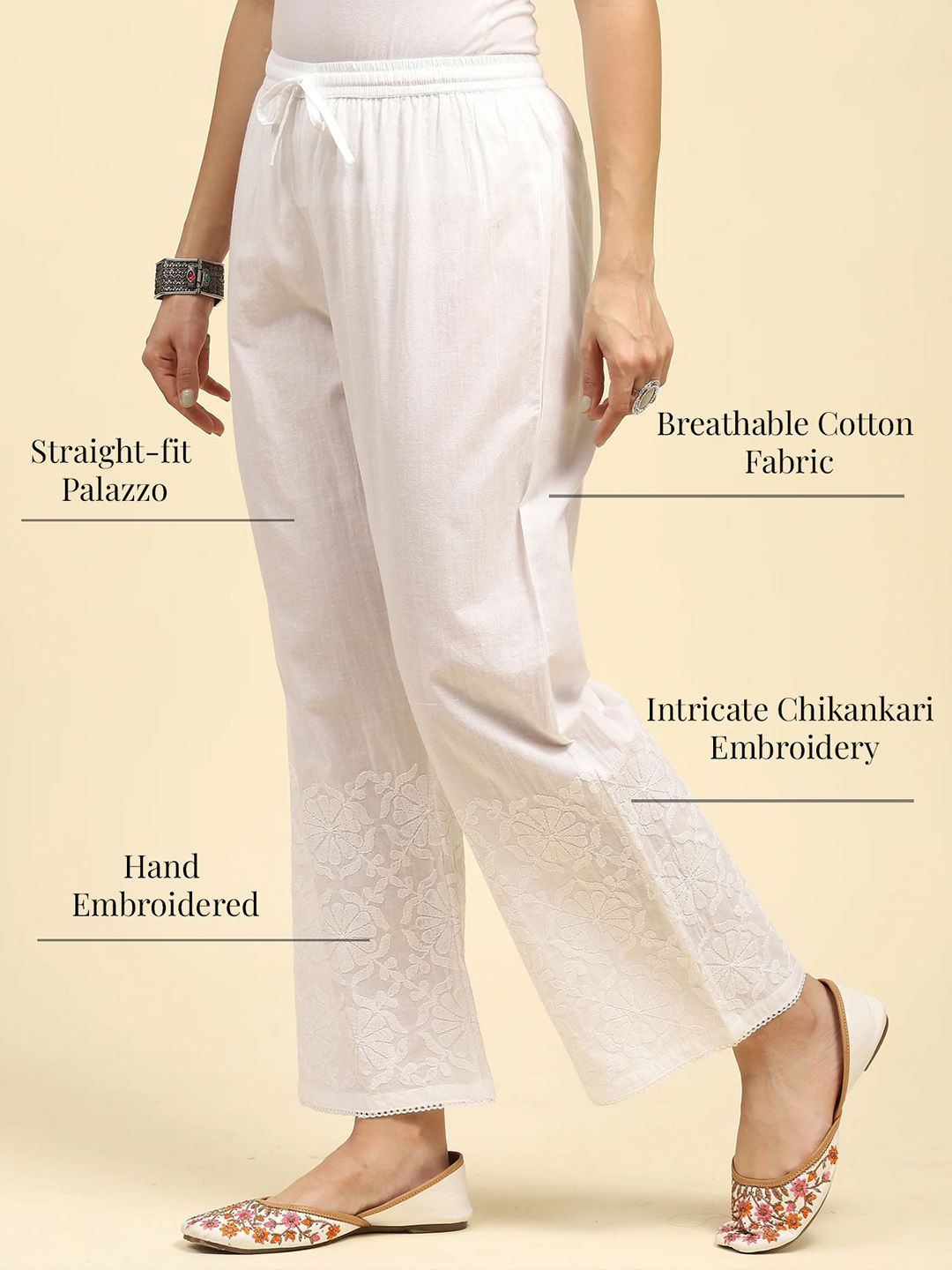 House of Chikankari Women White Cotton Chikankari Embroidered Palazzo