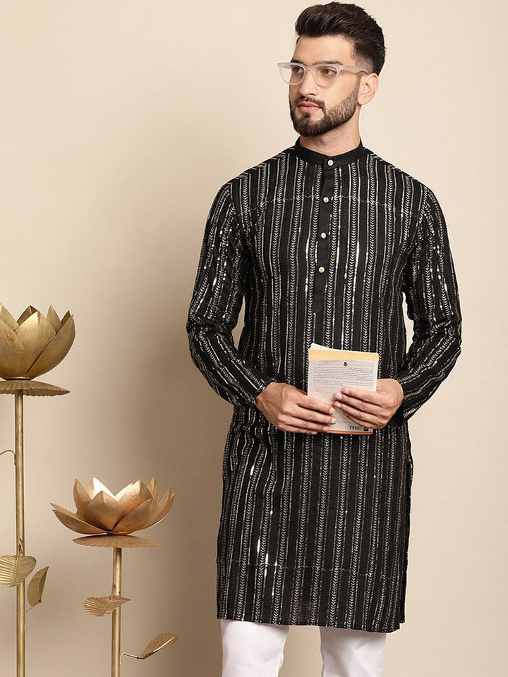 Anouk Embellished Mandarin Collar Sequins Detail Cotton Straight Kurta