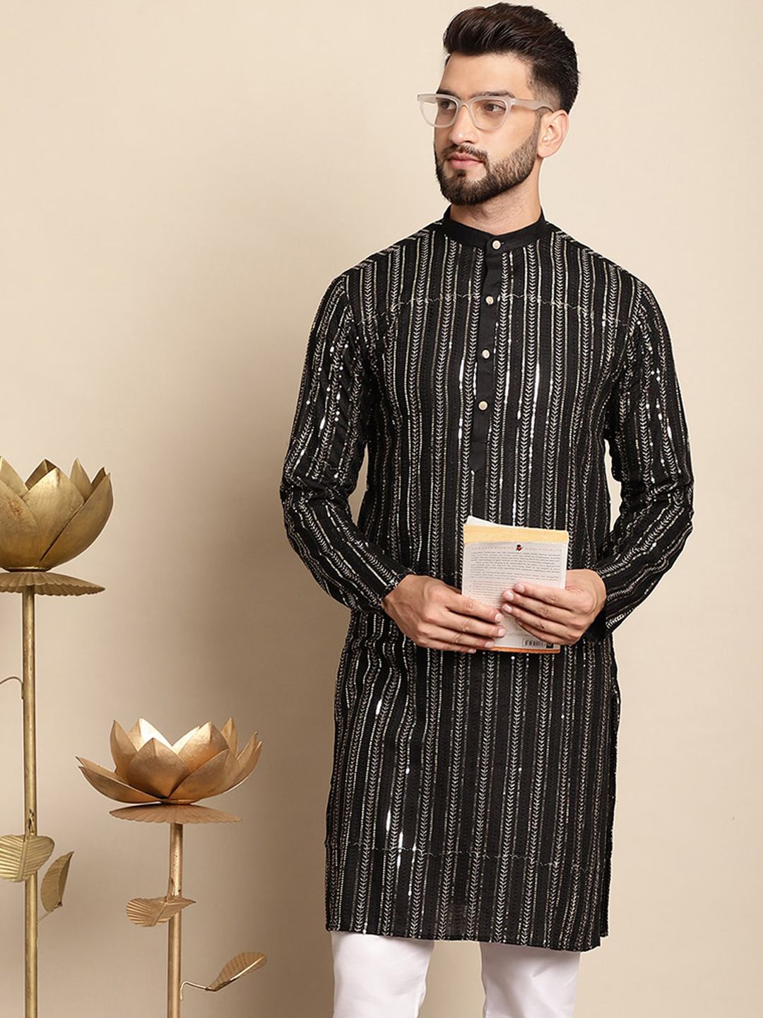 Anouk Embellished Mandarin Collar Sequins Detail Cotton Straight Kurta