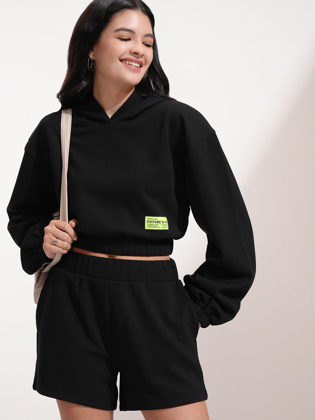 ESPYR By Tokyo Talkies Hooded Self Design Sweatshirt With Shorts