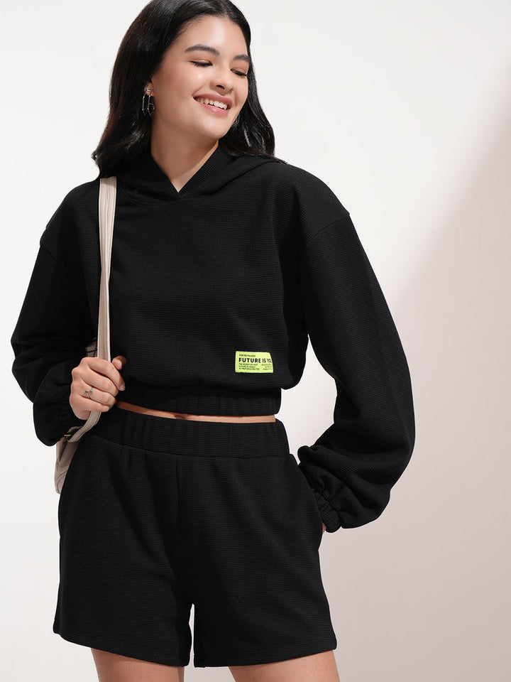 ESPYR By Tokyo Talkies Hooded Self Design Sweatshirt With Shorts