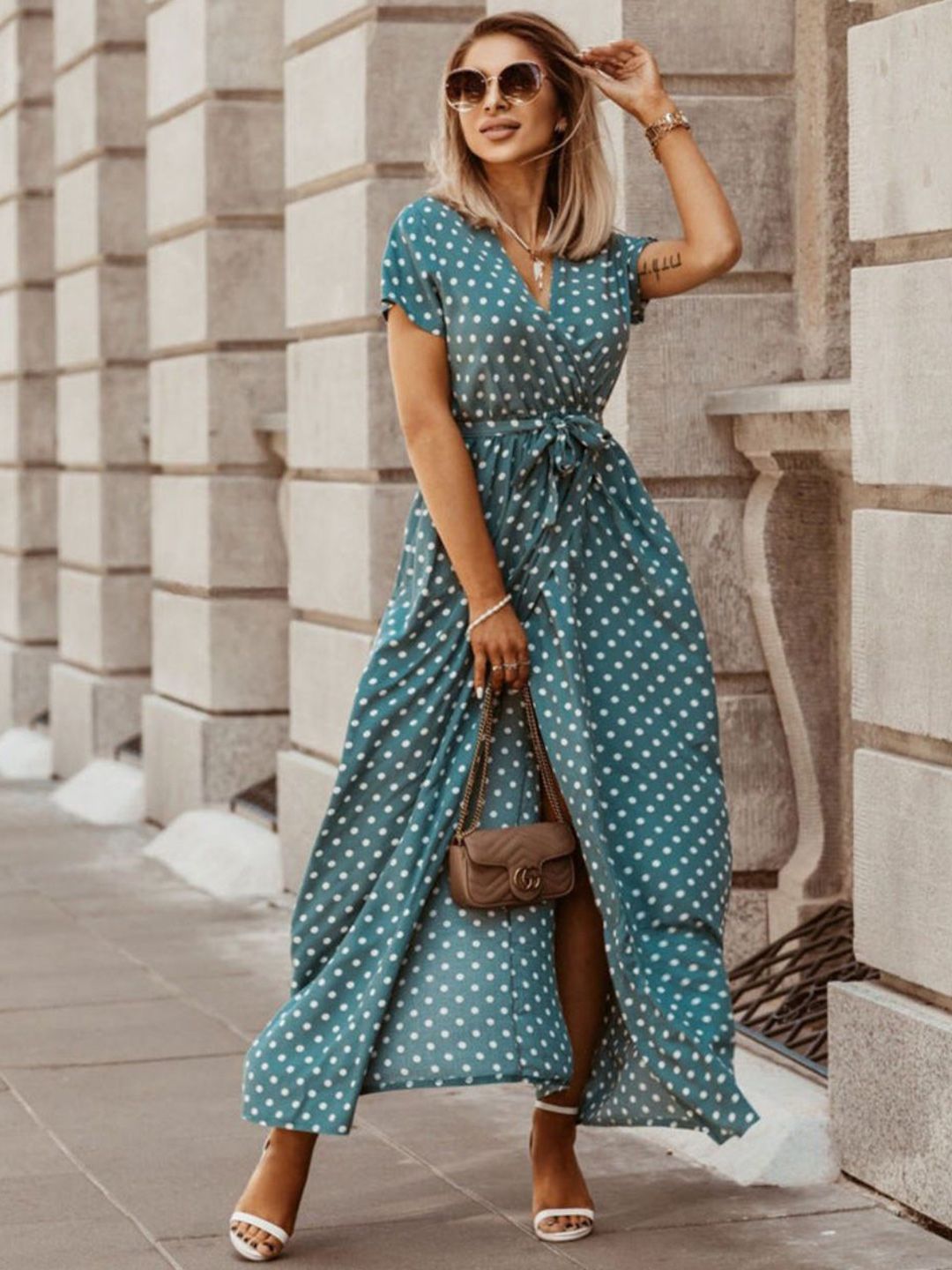 DressBerry Polka Dot Printed V-Neck Maxi Dress