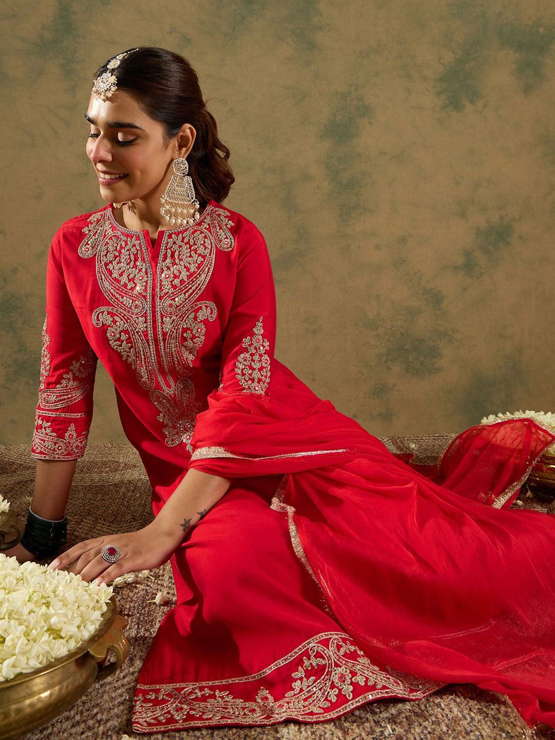 Indo Era Paisley Zari Embroidered Kurta with Trousers & With Dupatta