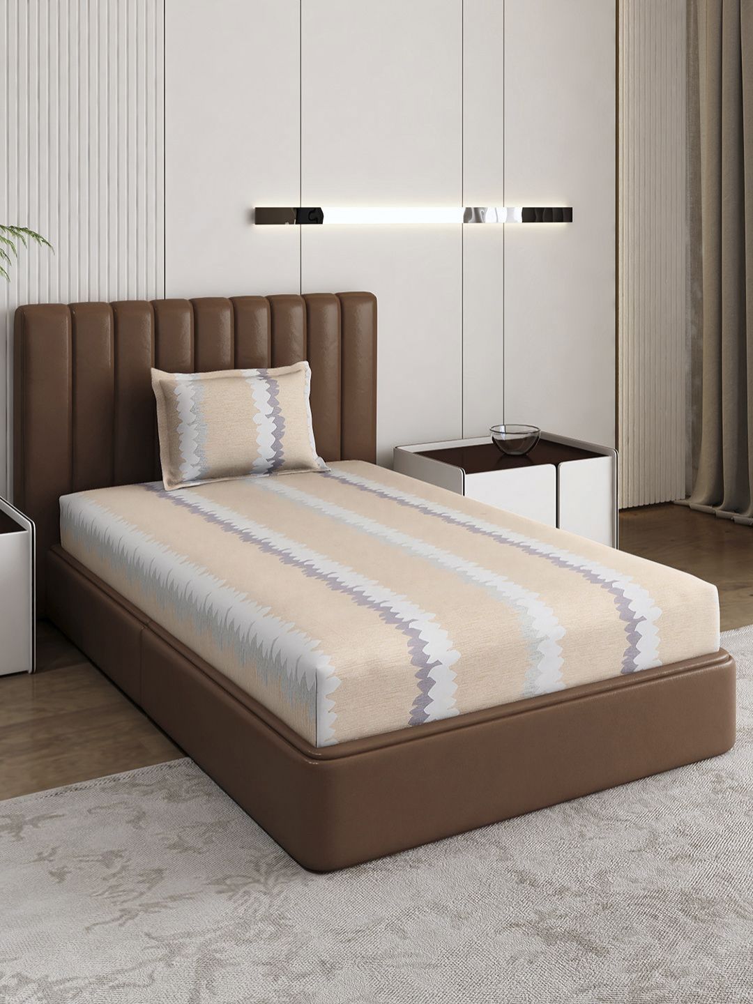 Monte Carlo Pixel Beige & Grey Printed 120 TC Single Bedsheet Set 1.52 m x 2.30 m