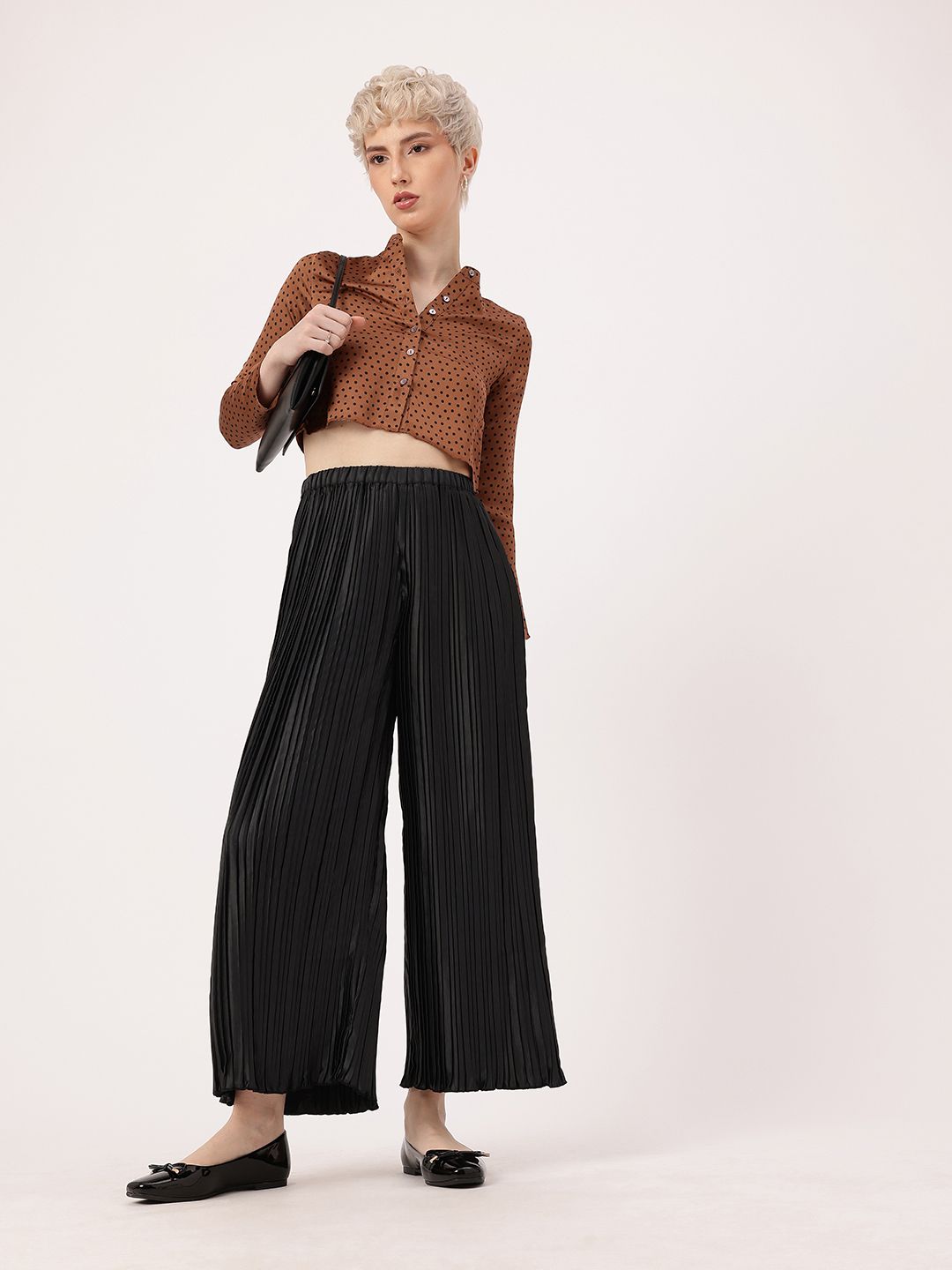 DressBerry Women Luxurious Layers Accordion Pleated Satin Finish Wide Leg Trousers