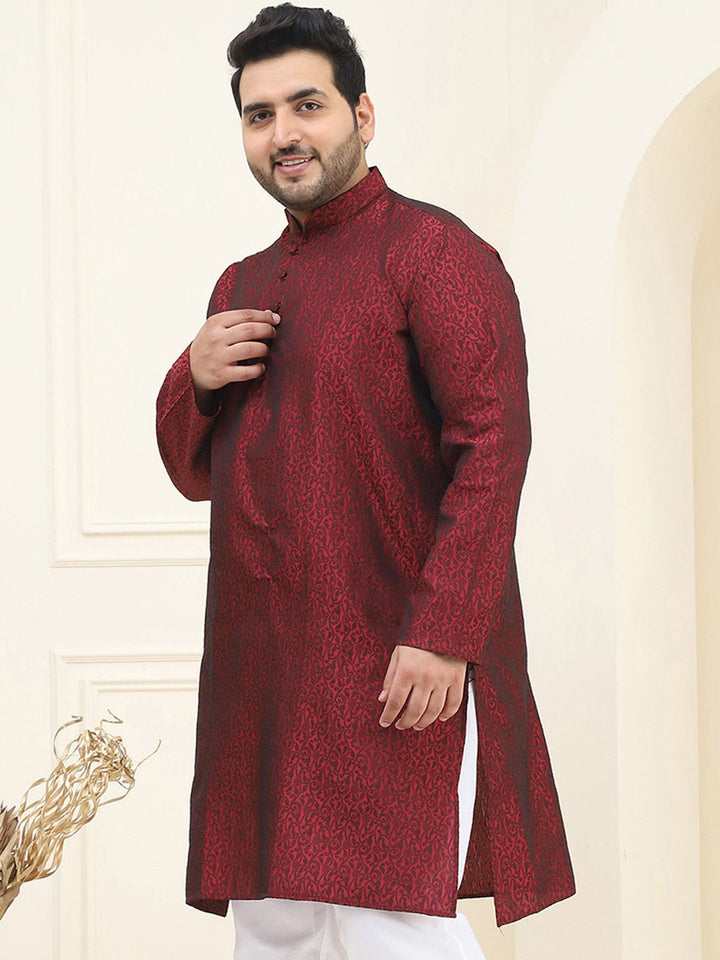 SOJANYA Plus Floral Embroidered Mandarin Collar Long Sleeve Cotton Silk Straight Kurta
