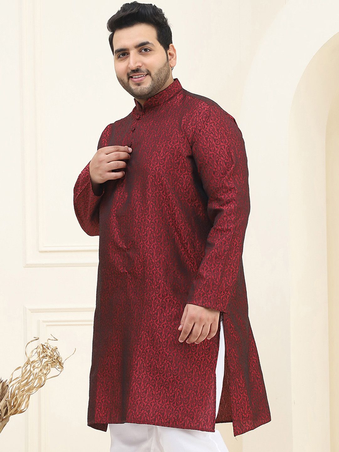 SOJANYA Plus Floral Embroidered Mandarin Collar Long Sleeve Cotton Silk Straight Kurta