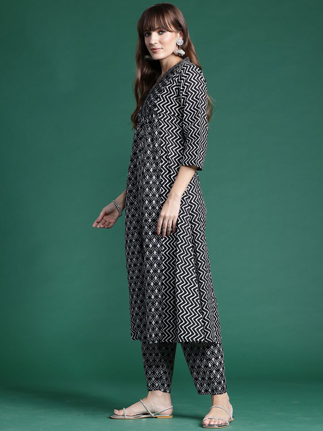 Indo Era Ethnic Motifs Printed A-Line Pure Cotton Kurta with Trousers