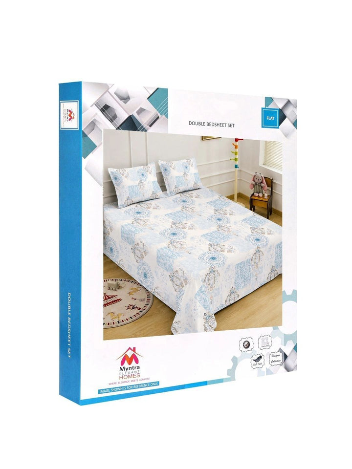 Myntra Elegant Homes Blue & White Geometric 400 TC King Bedsheet with 2 Pillow Covers