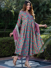 Kalini Wanita Floral Dicetak Kurta Kapas Tulen Biasa Dengan Seluar & Dengan Dupatta