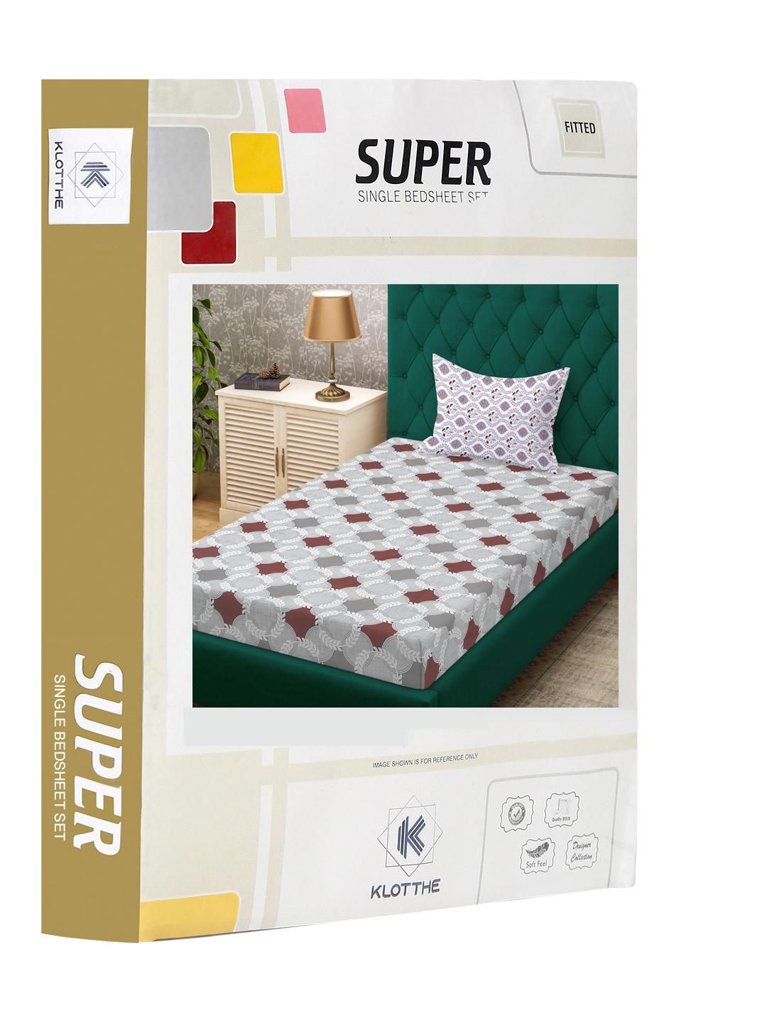 KLOTTHE Grey Geometric Cotton Single Bedsheets