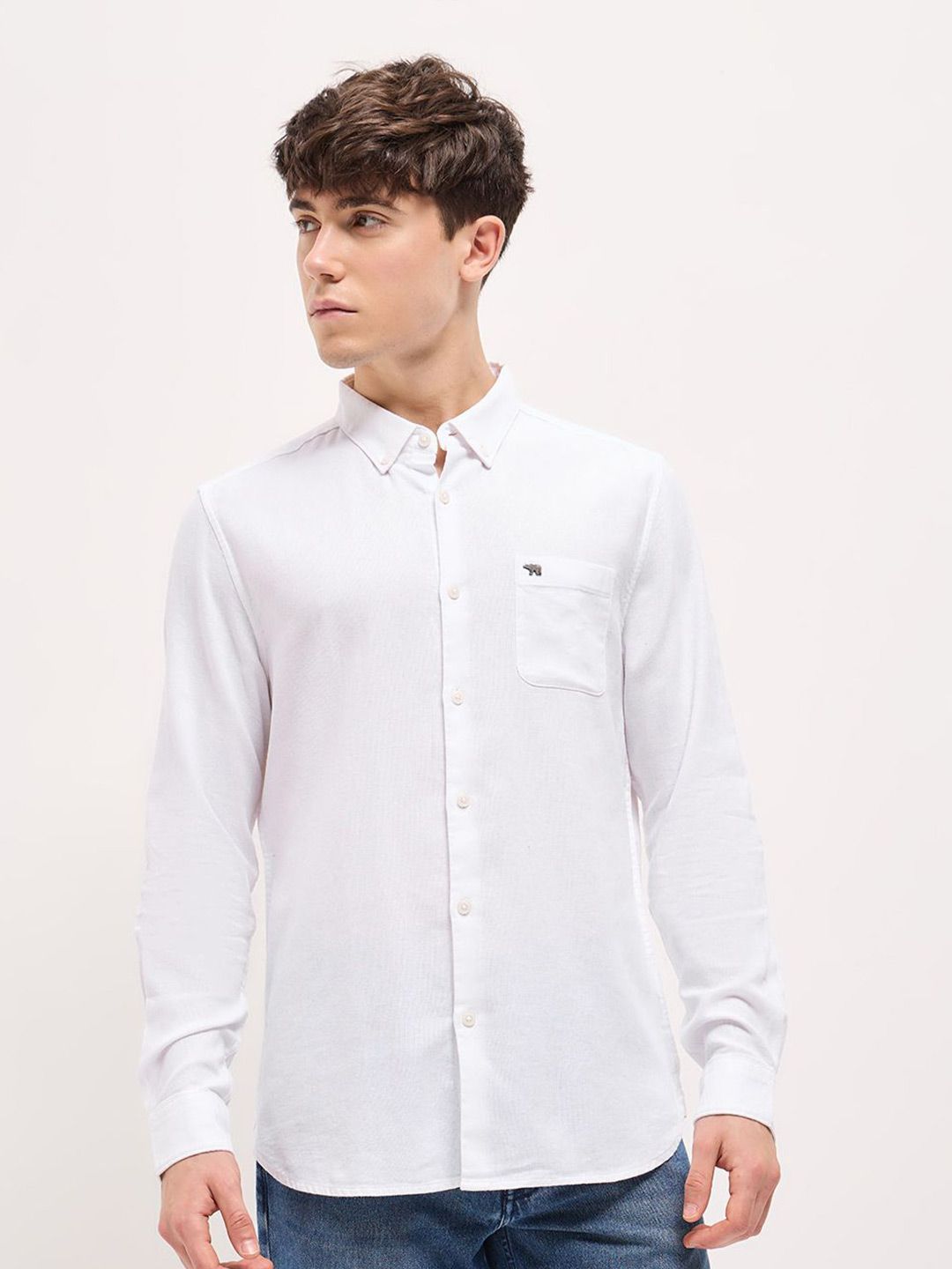 THE BEAR HOUSE Men Button-Down Collar Solid Pure Cotton Slim Fit Shirt