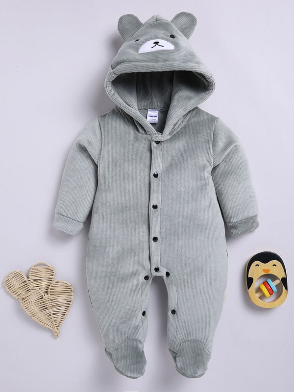 Moms Love Infant Boys Pure Cotton Velvet Finish Ribbed Hooded Sleepsuit