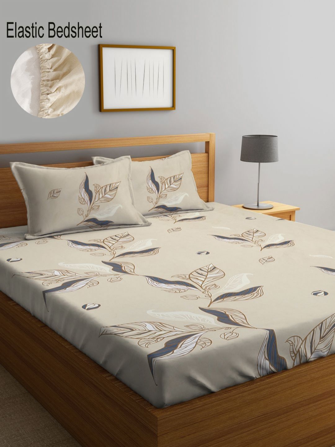 Myntra Elegant Homes Beige Floral Cotton 300 TC Fitted King Cadar Halus dengan 2 Sarung Bantal-250 x 220 cm