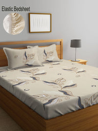 Myntra Elegant Homes Beige Floral Cotton 300 TC Fitted King Cadar Halus dengan 2 Sarung Bantal-250 x 220 cm