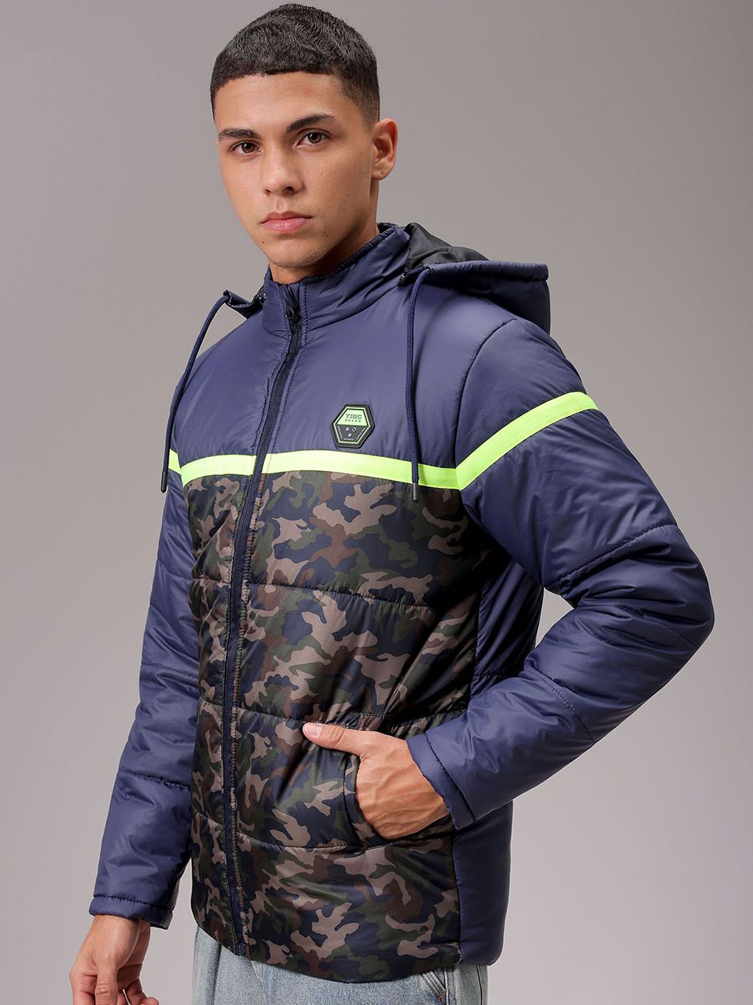 The Indian Garage Co Men Hooded Camouflage Printed Casual Quilted Jacket