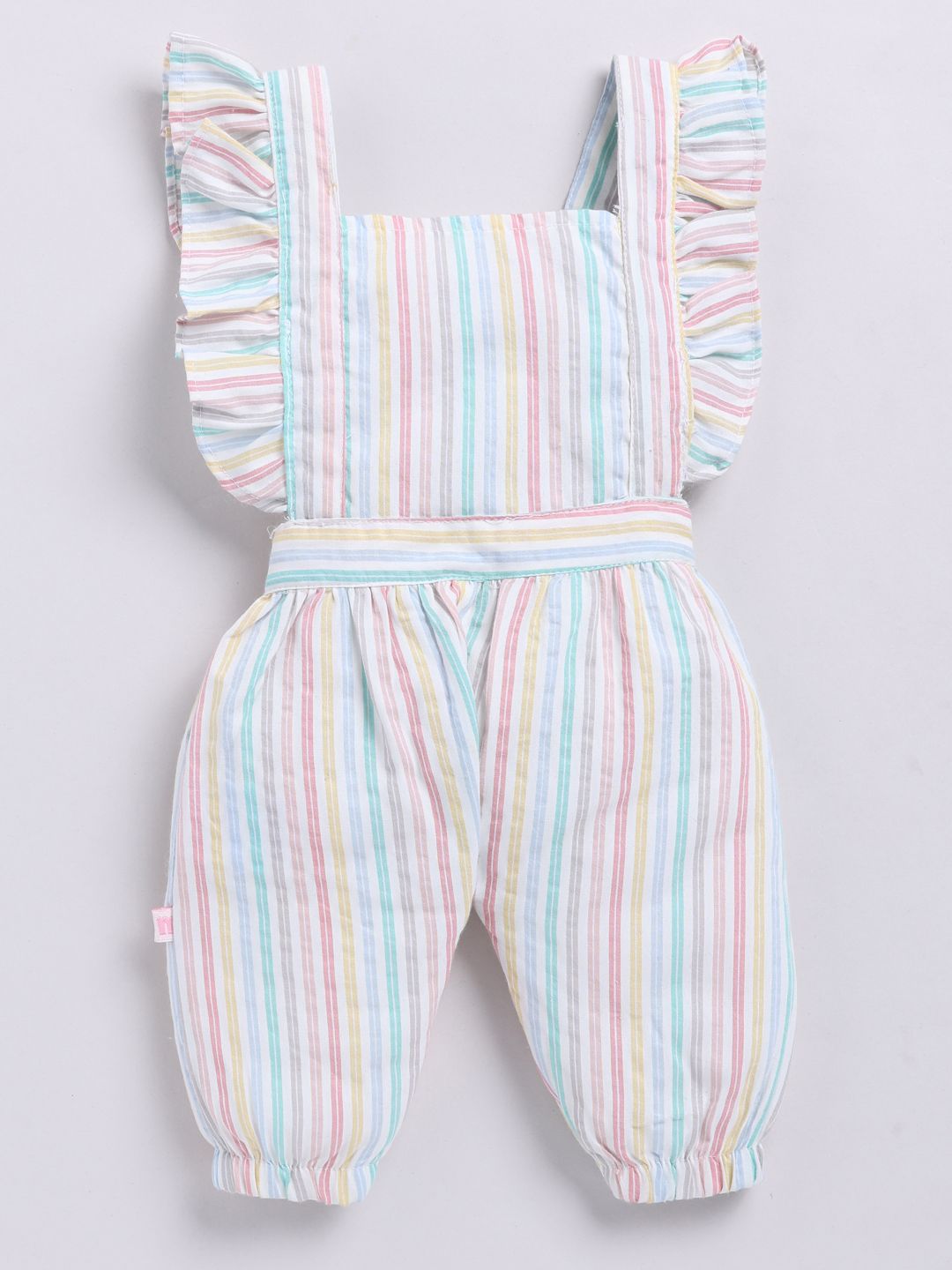 Moms Love Infants Girls Cotton Striped Ruffled Dungarees with T-shirt & Headband