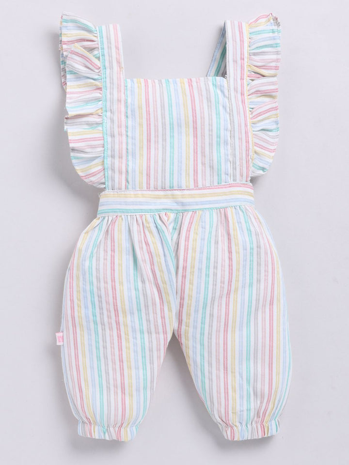 Moms Love Infants Girls Cotton Striped Ruffled Dungarees with T-shirt & Headband