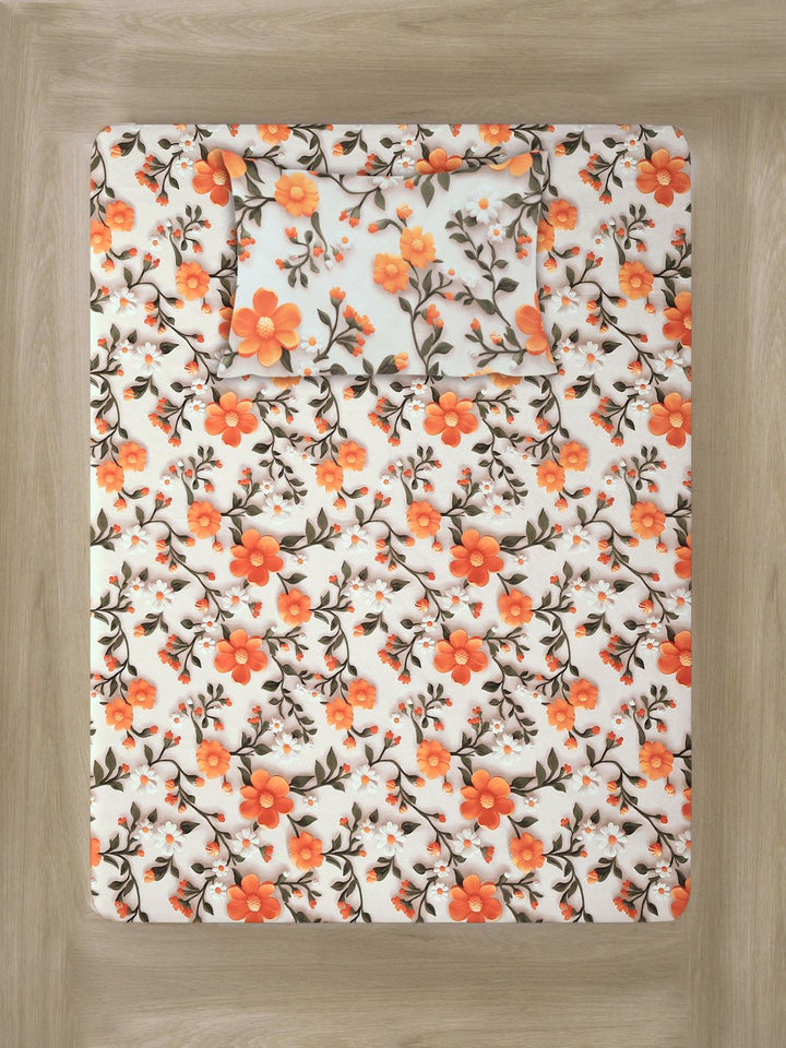 KLOTTHE Cream & Orange Floral Printed Fitted 300 TC Single 7D Bedsheet With Pillow Cover