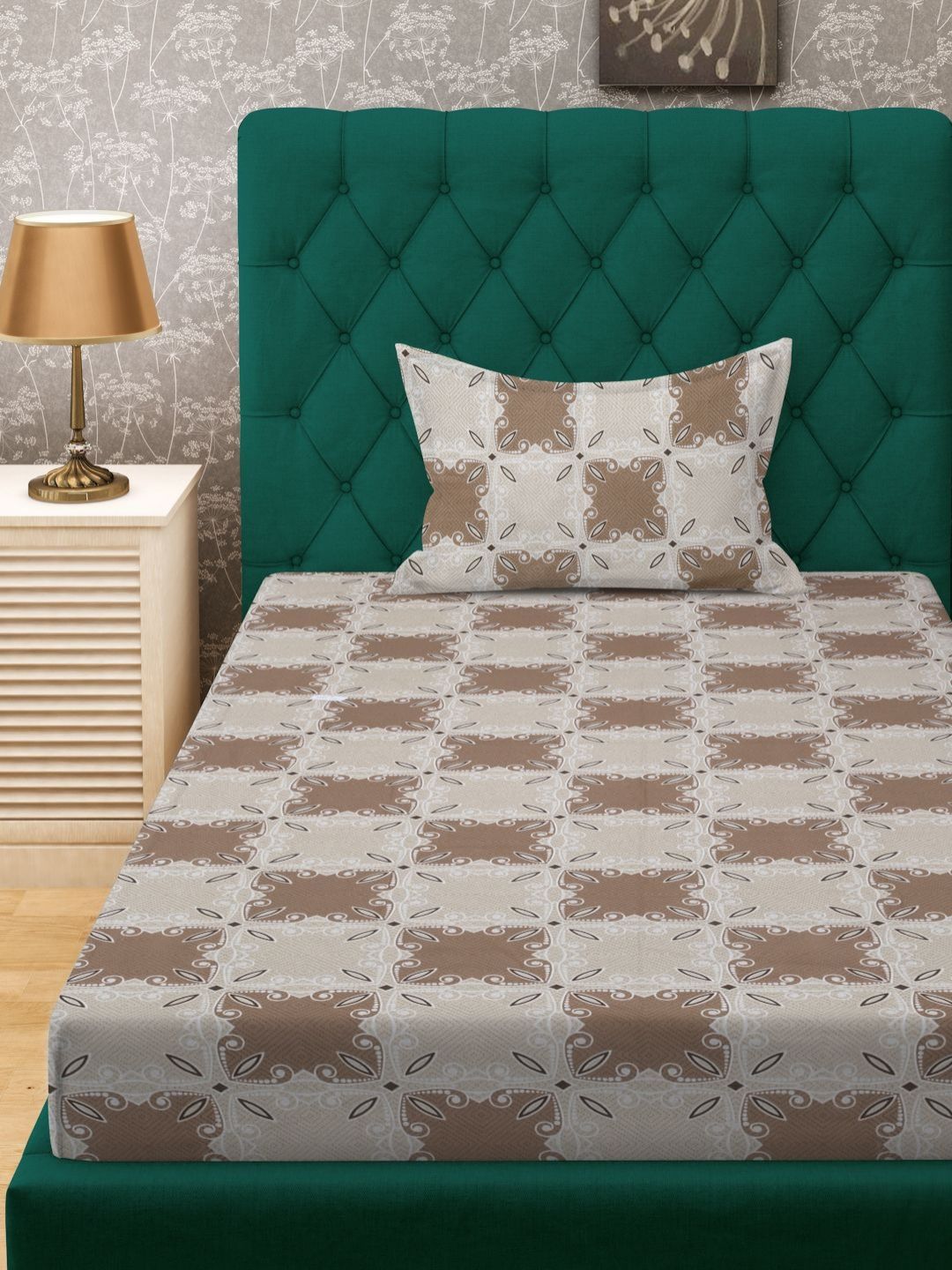 Myntra Elegant Homes Brown Printed Pure Cotton 400 TC Single Bedsheet Set 2.25 x 1.5 m