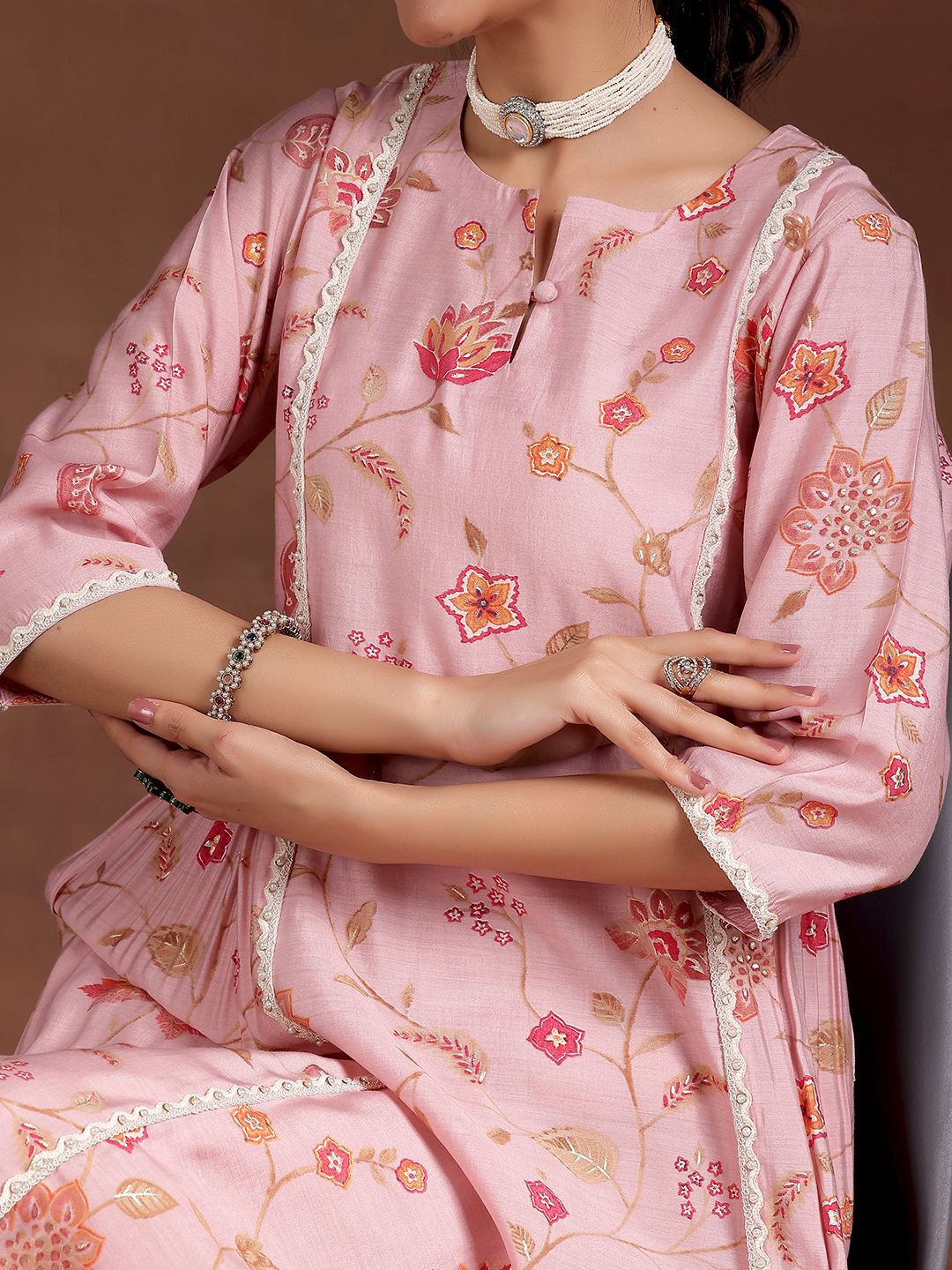 Libas Women Floral Printed Pleated Beads and Stones Kurta with Trousers