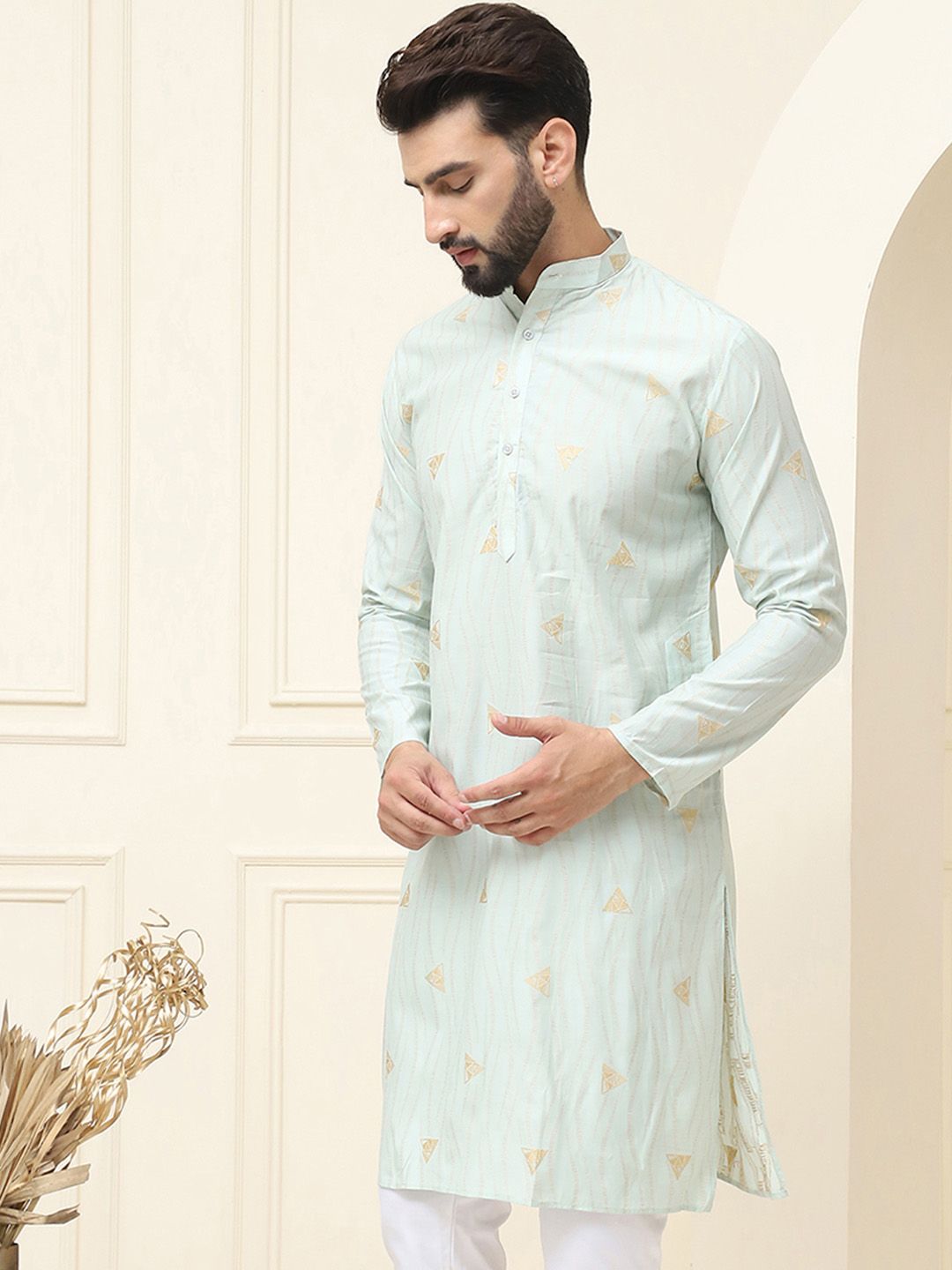SOJANYA Geometric Woven Design Band Collar Neck Regular Cotton Silk Kurta